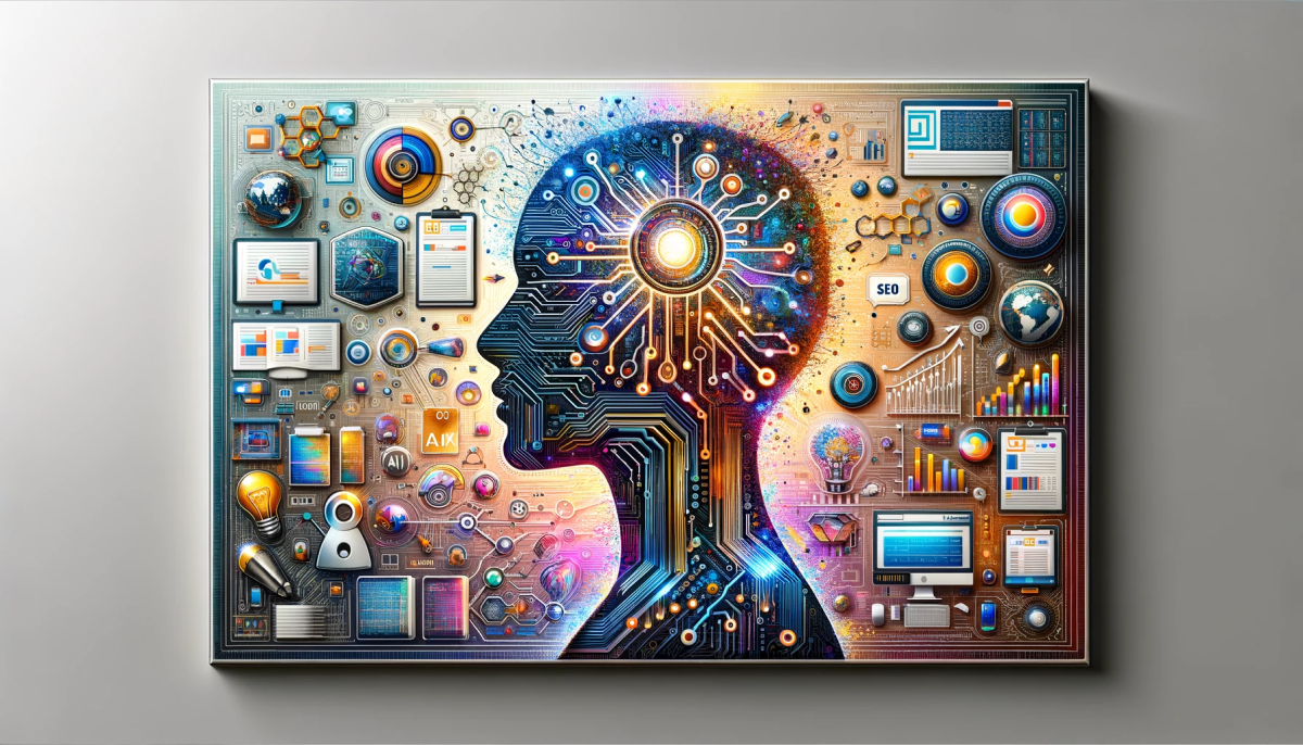 Cover image for an SEO article featuring a blend of AI and human elements, with a focus on ChatGPT technology. The image displays digital graphics such as circuit patterns and AI imagery, intertwined with human aspects like brainstorming and thoughtful expressions. It includes SEO-related symbols like search engine result pages, keywords, and analysis charts, set against a bright and engaging color palette, emphasizing the innovative merger of technology and human expertise in SEO.