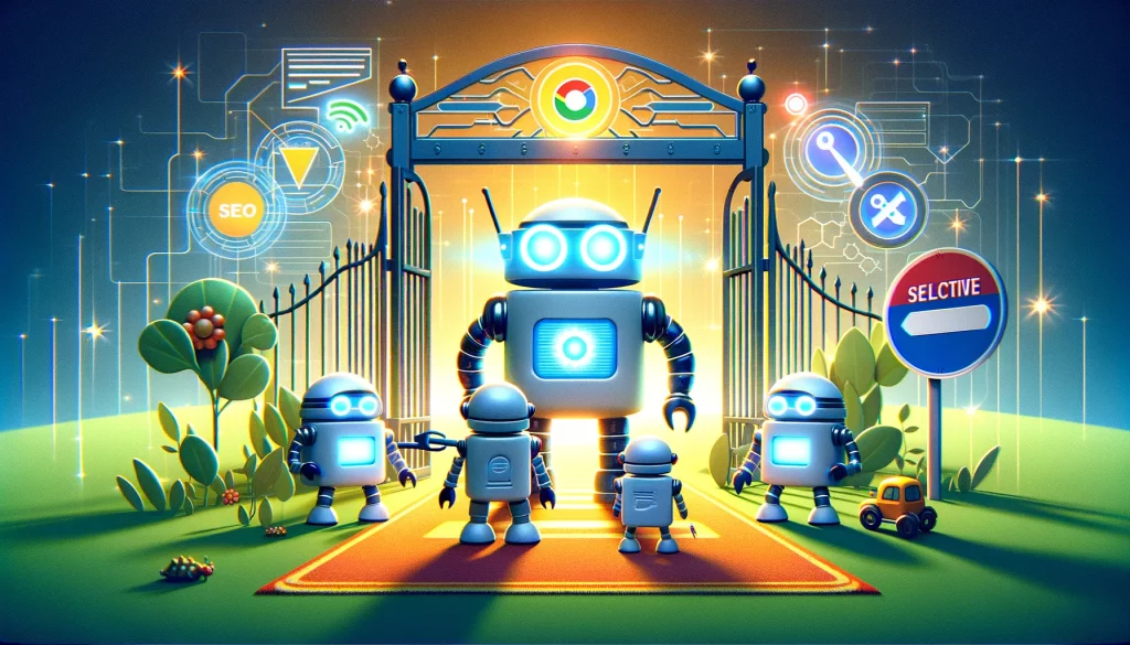 SEO blog cover image depicting a digital gateway with friendly robot characters symbolizing search engine bots like Googlebot, Bingbot, and YandexBot being granted access, while a security guard blocks unauthorized bots, illustrating the control and optimization provided by a well-configured robots.txt file