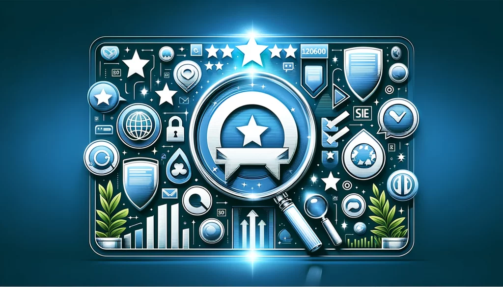 Cover image for an article on SEO for Reputation Management, featuring abstract representations of search engine icons, a digital shield, upward arrows for growth, and a five-star review, set against a clean, digital background in blue, green, and white to symbolize trust, progress, and reliability.